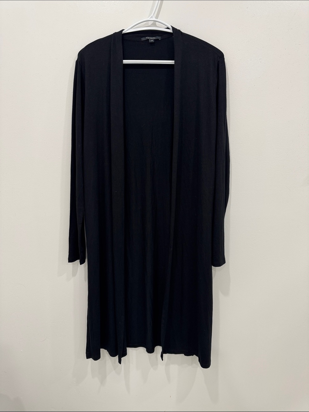Tahari Black Open Front Duster Cardigan Size Large Rayon Blend Long Sleeve